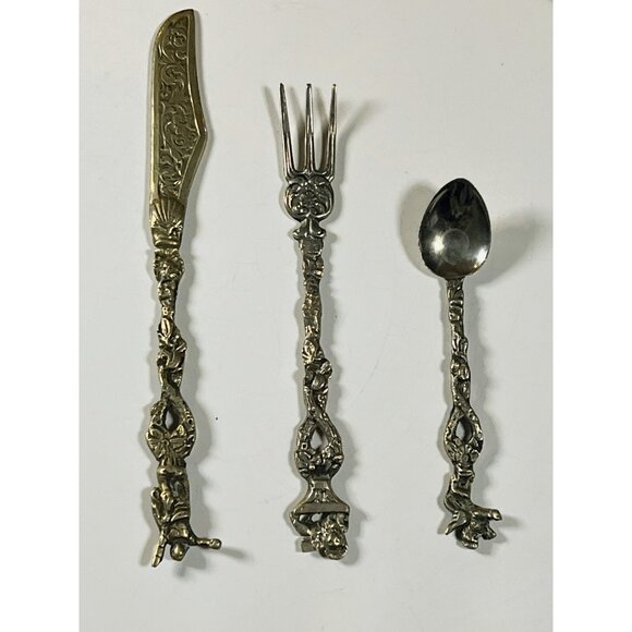 Vintage Ornate Brass & Silver-Plated Flatware Set With Figural Handles - Picture 1 of 7